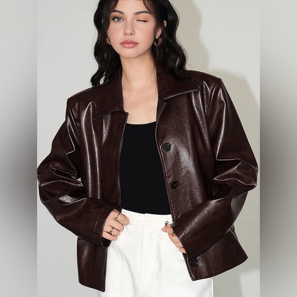 Commense Faux Leather Zipper Short Polo Jacket - Picture 7 of 15